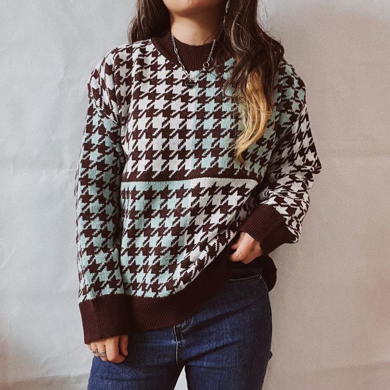 

Women's Sweaters Autumn Winter Vintage French Style Plaid Women Hit Color Patchwork Round Neck Loose Pullover KnitwearWomen's, Gray