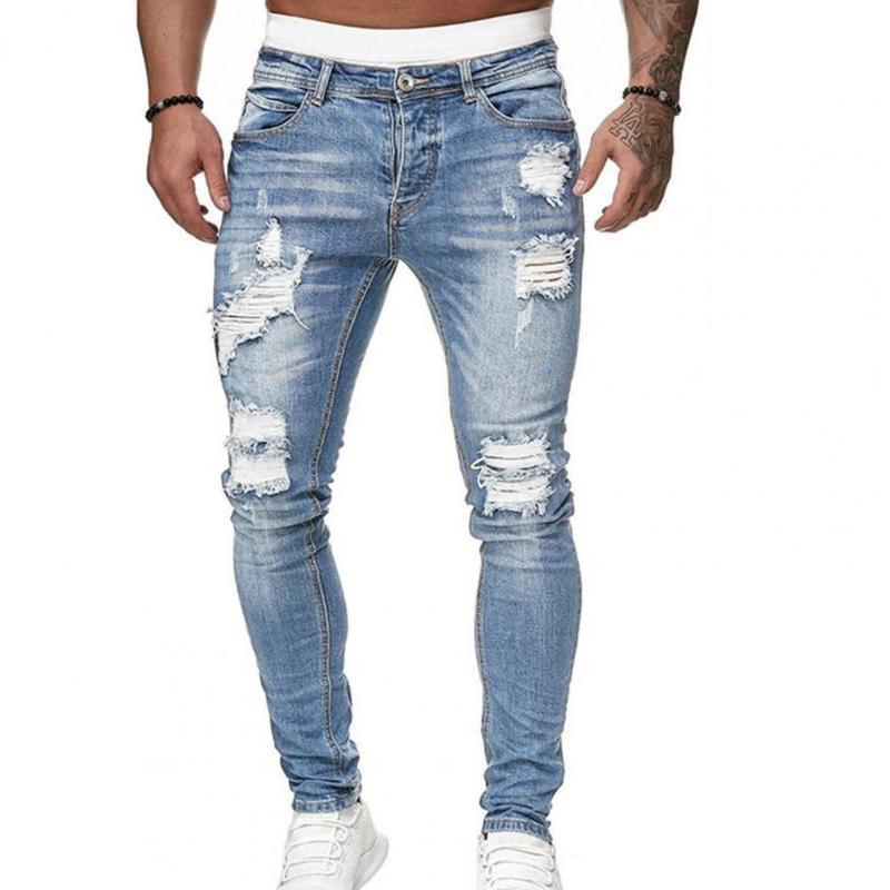 

Men's Jeans Wear-resistant Terrific Leisure Spring Pants Hole Solid Color For Work, Blue