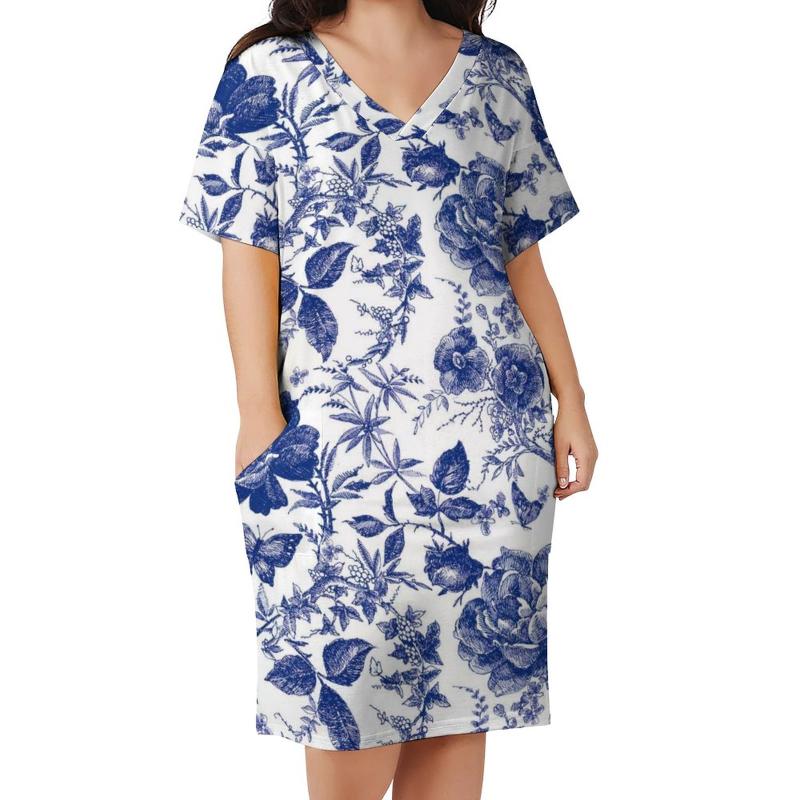 

Plus Size Dresses Butterfly Dress V Neck Vintage Blue Flower Sexy Woman Street Style Print Casual With Pockets 5XLPlus, Style-2