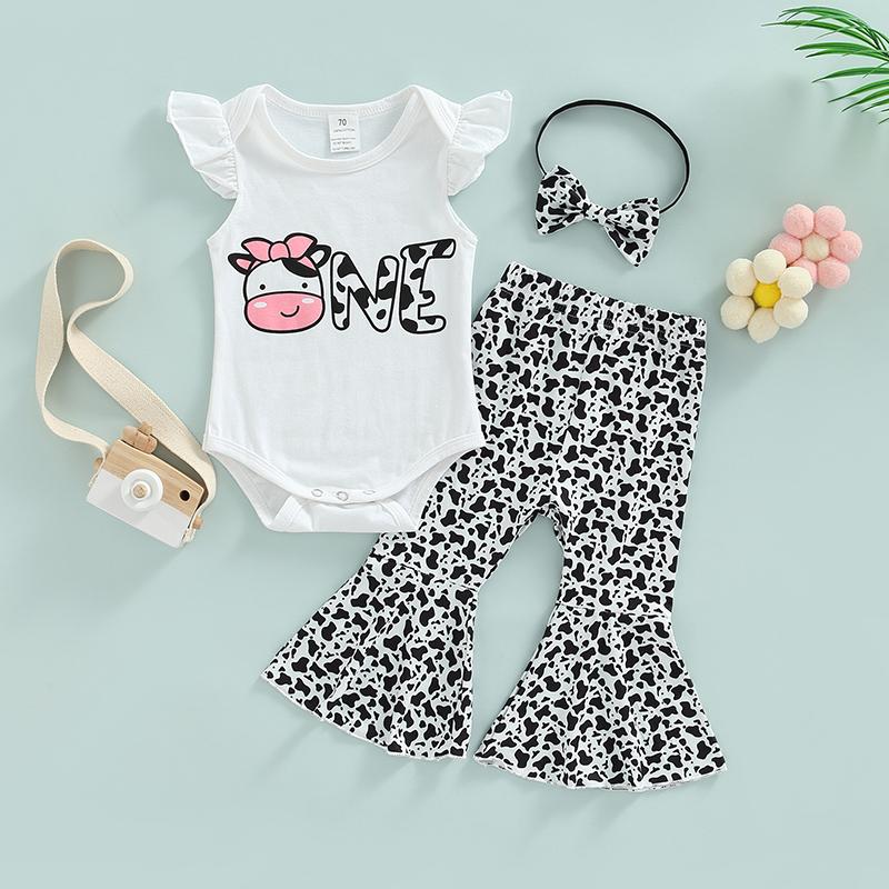 

Clothing Sets 0-18M 3pcs Baby Girls Cute Clothes Sleeve One Letter Cow Printed Romper Flare Pants HairbandClothing ClothingClothing, As pic