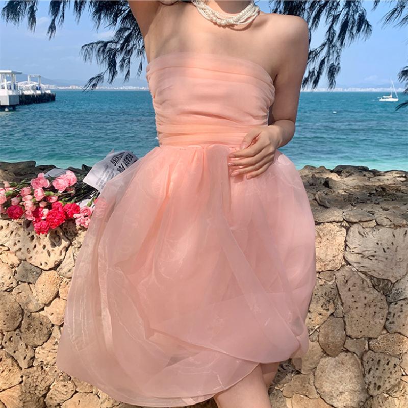 

Casual Dresses Party Pink Dress Korean Fairy Cute Girl Organza Summer Puff Tube Top One Piece Fashion Women' Clothing VestidosCasual