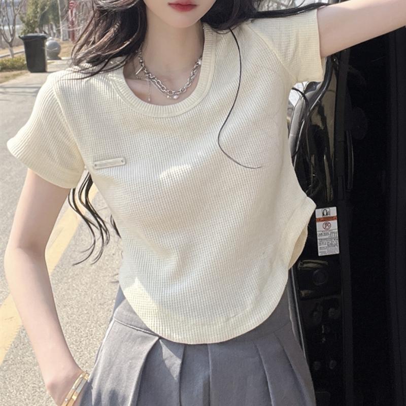 

Women' T-Shirt Irregular Solid Color O-Neck Short-sleeved Women Summer 2022 Girl All-match Casual Crop TopsWomen, Gray