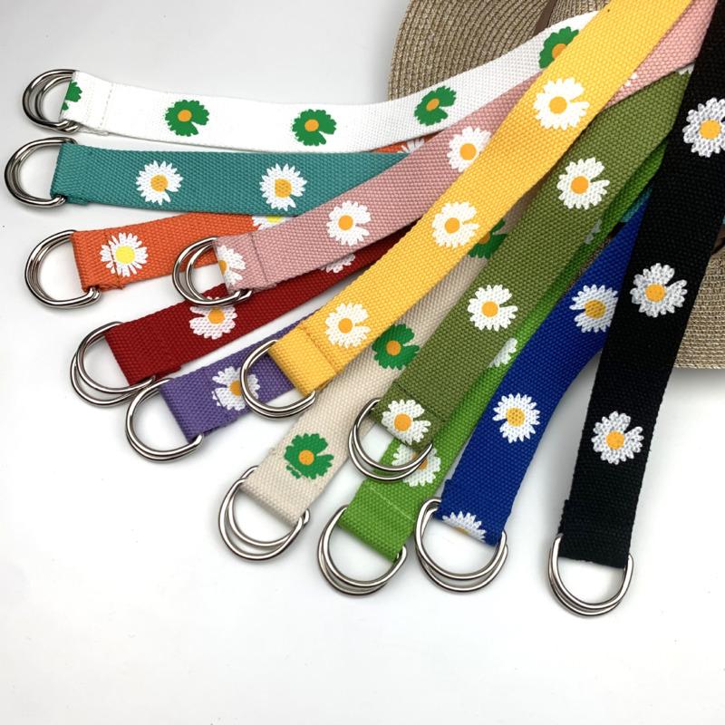 

Belts Plus Long Candy Color Korean Style Women Belt Double Ring Buckle Printed Flower Canvas Wild Student Small Daisy Jeans, White