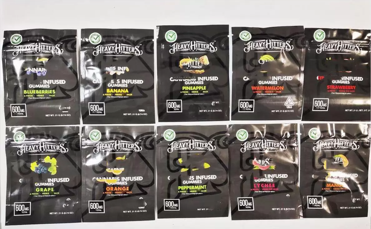 

Heavy Hitters Multi Black fruit gummy packaging mylar bags 600mg 2021GS
