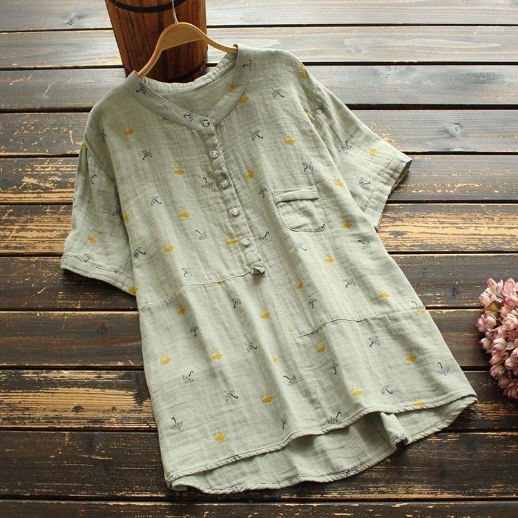Women's Blouses & Shirts 8029 Summer Women Tops Japan Style Literary Fresh Stand Collar Short Sleeve Cotton Linen Print Casual Pullover Blou
