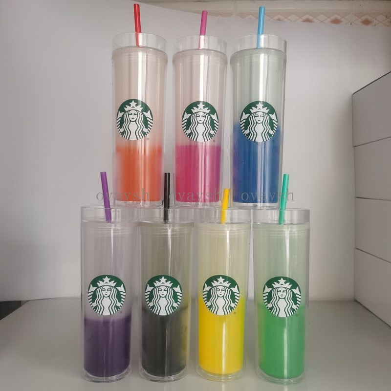 

Starbucks Double-Layer Plastic Transparent Color-Changing Cup Tumblers Straight Body Straw Cup Cold-Changing Cups L5, Customize