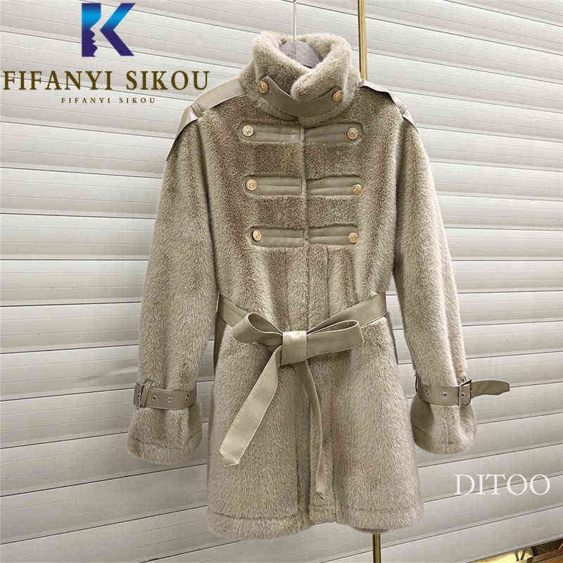 

Faux Mink Fur Jacket Women Winter Coat Button Belt Fashion High Quality Fur Coat Thick Warm Overcoat Female Loose Plush Coats T220810, Rice white