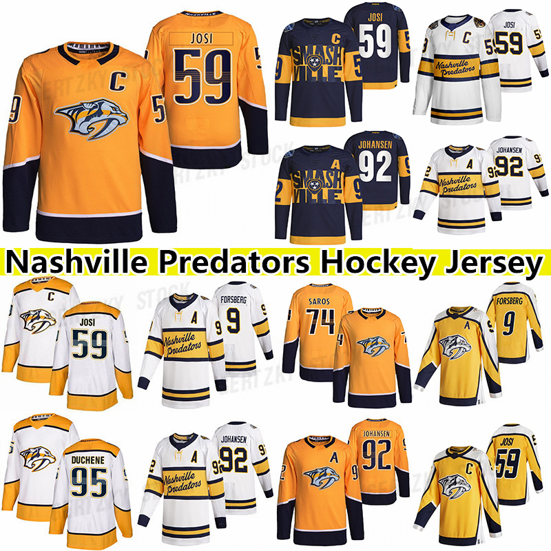 

Nashville''Predators'' hockey jersey 95 Matt Duchene 59 Roman Josi 92 Ryan Johansen 9 Filip Forsberg 74 Juuse Saros jerseys, Yellow