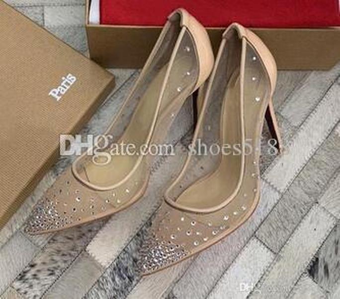 

Christians Red Bottoms High heels Rete fishnet style Pointed Toe Rhinestones Crystal bling Silver golden pumps women Heels party Wedding gXW, Beige
