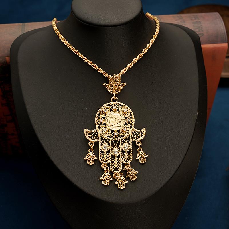 

Pendant Necklaces Fatima Hand Crystal Necklace Gold Plating Long Chain Slid Pendants For Women Arabic Royal Bridal JewelryPendant
