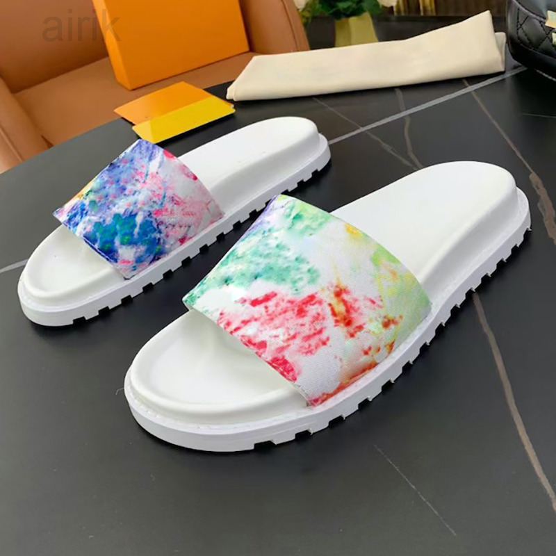 

2023 slipper women sandals men slides WATERFRONT MULES leather sandal womens printed rubber shoes 35-46 with box NO284, Purple/blue