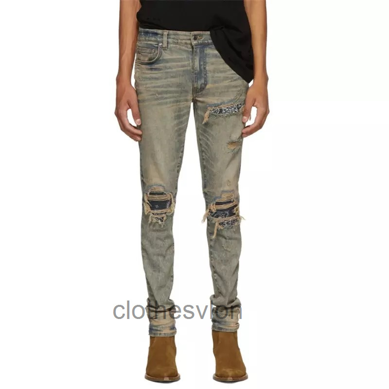 

Designer Jeans Amirs Mens Jean 2022 Fashion Brand 19ss Style Yellow Mud Dirty Old Cashew Flower Stretch Slim Fit Jeans