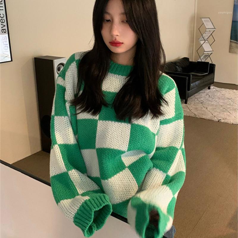

Women's Sweaters Womens Knitted Sweater Autumn And Winter Loose Korean Style Female Plaid Thick Warm Pullovers (S0896), Green