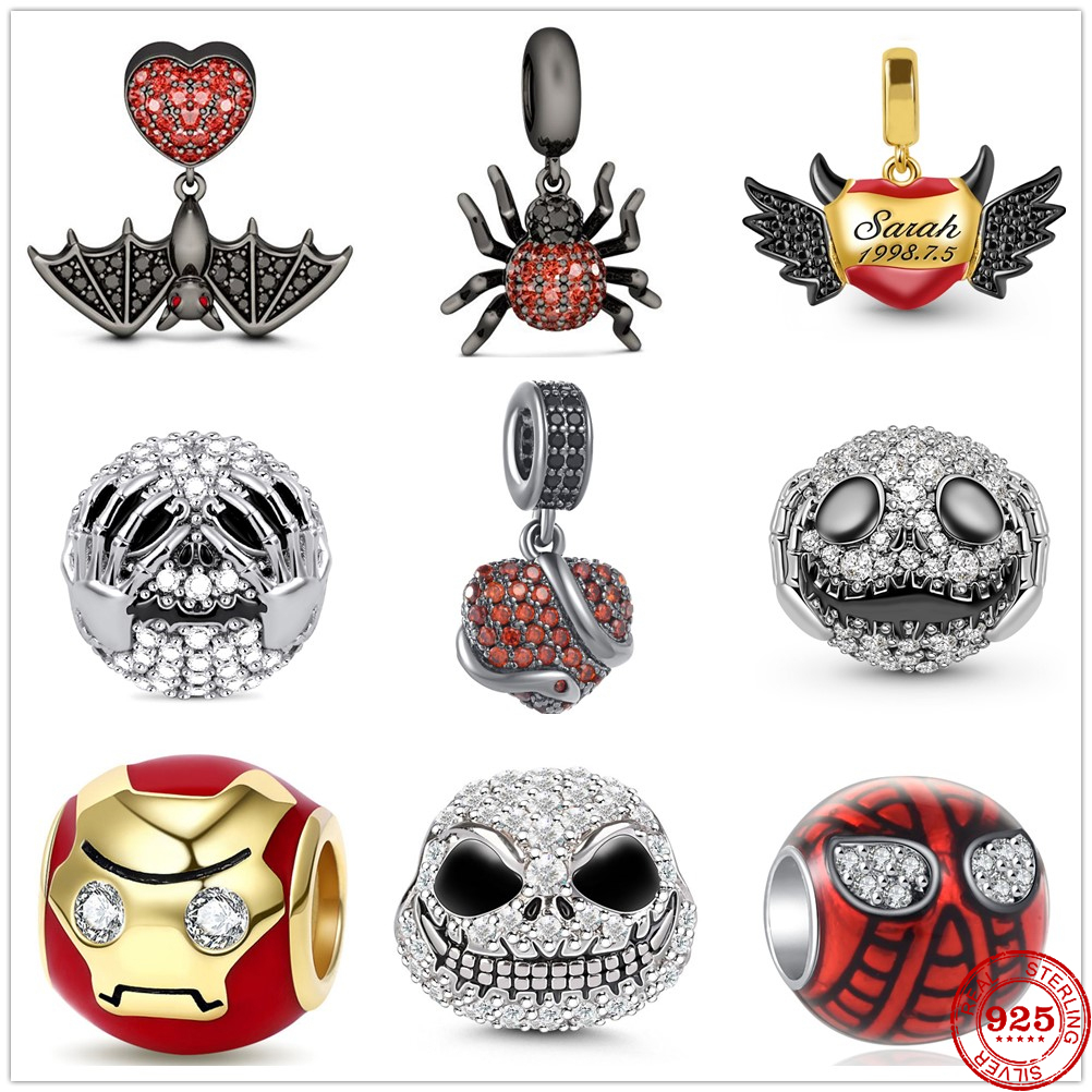 925 Sterling Silver Dangle Charm Spider Skull Bat Bead Fit Charms Bracelet DIY Jewelry Accessories
