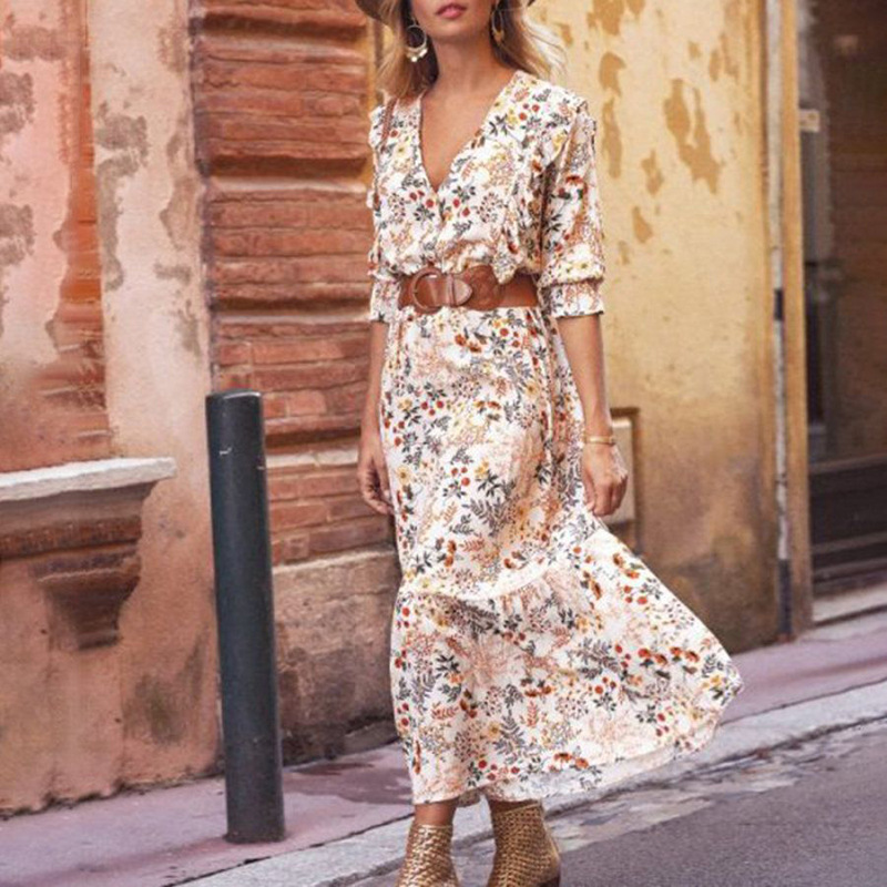 

Summer Printed V-neck Long DRESS floral Dresses clothes