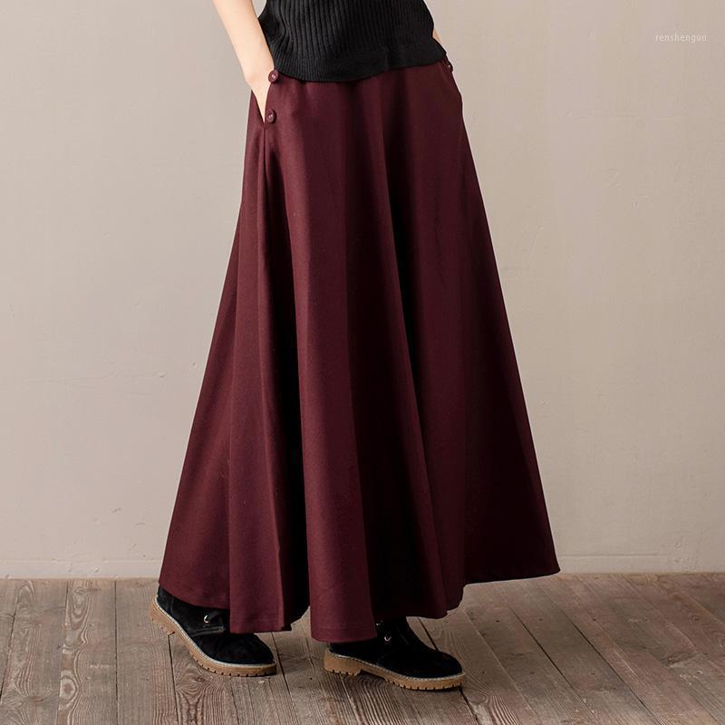 

Skirts Vintage Long Maxi A-line Women Elastic Waist Winter Spring Wool Thick Warm Black Faldas Largas Mujer