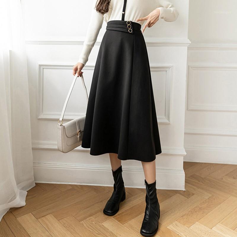 

Skirts Ladies Elegant A-line Long Arrival 2022 Autumn Korean Style Solid Color All-match Woolen Women Casual Skirt W801, Black