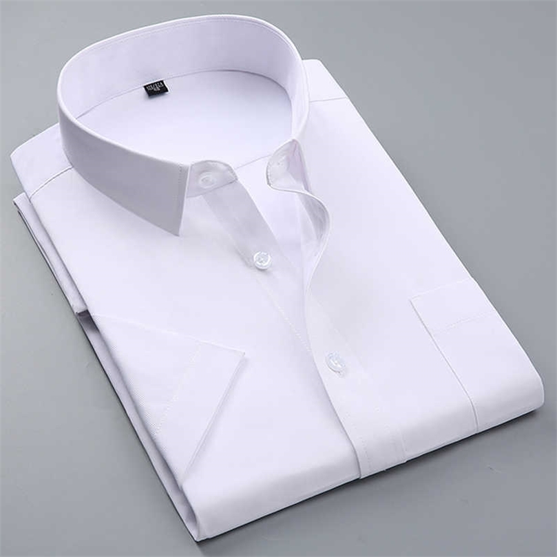 

Summer Men's Short-sleeve White Basic Dress Shirt with Single Chest Pocket Standard-fit Business Formal Solid/twill/plain Shirts 210701, Dx1007-5