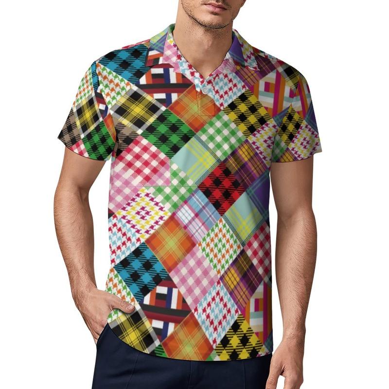 

Men's Polos Colorful Patchwork Shirt Man Plaid Bohemian Print Casual Summer Fun Turn Down Collar T-Shirts Short-Sleeve -ShirtMen's Men'sMen', Style-9
