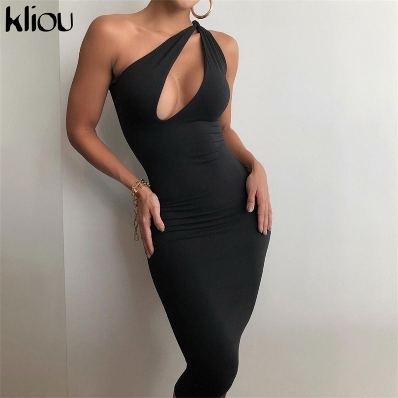 

Kliou Cut Out Sexy Midnight Clubwear Maxi Dresses Solid One Shoulder Birthday Outfit For Women Slim Bodycon Party Dress 220402, Apricot