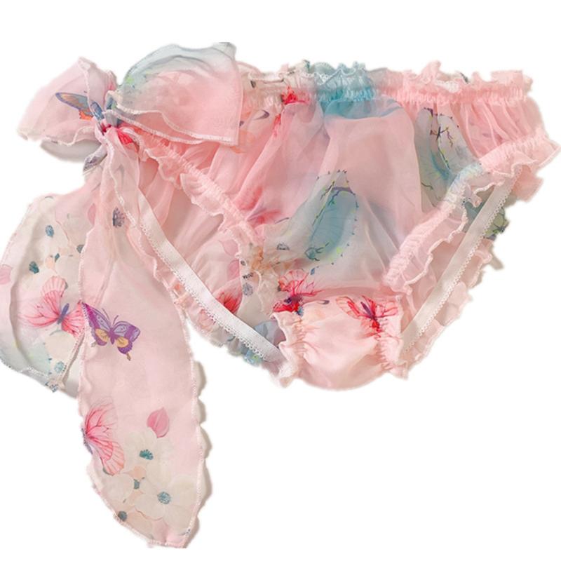 

Underpants Comfort Men Underwear Sissy Gay Lace Pouch Lady Panties Bikini Brief Ice Silk Sheer Ruffles See Through Underpant A5Underpants, Pink