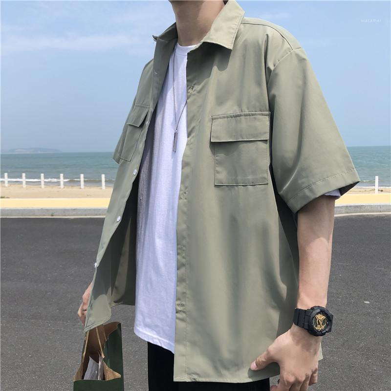 

Men Shirts Oversize 3XL Short Sleeve Button Turn-down Collar Pockets Safari Style Retro Ins Baggy Casual All-match 2022 Chic Men's, White