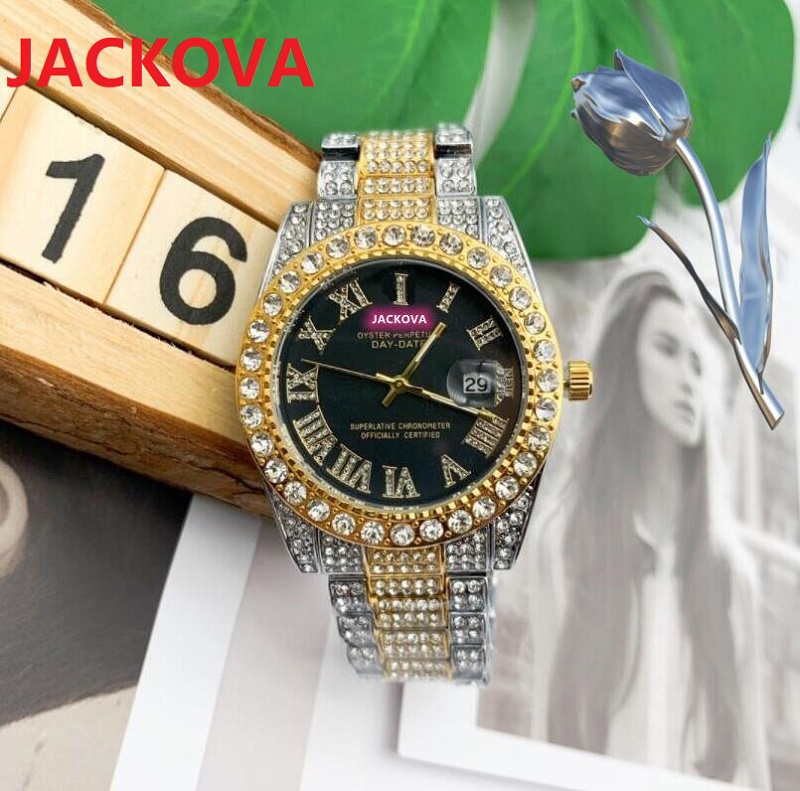 

Fashion Mens Women Diamonds Rhinestone Watches Iced Out Lovers Designer Quartz Movement Roman Dial Lady Watch Stainless Steel Clock, As pic