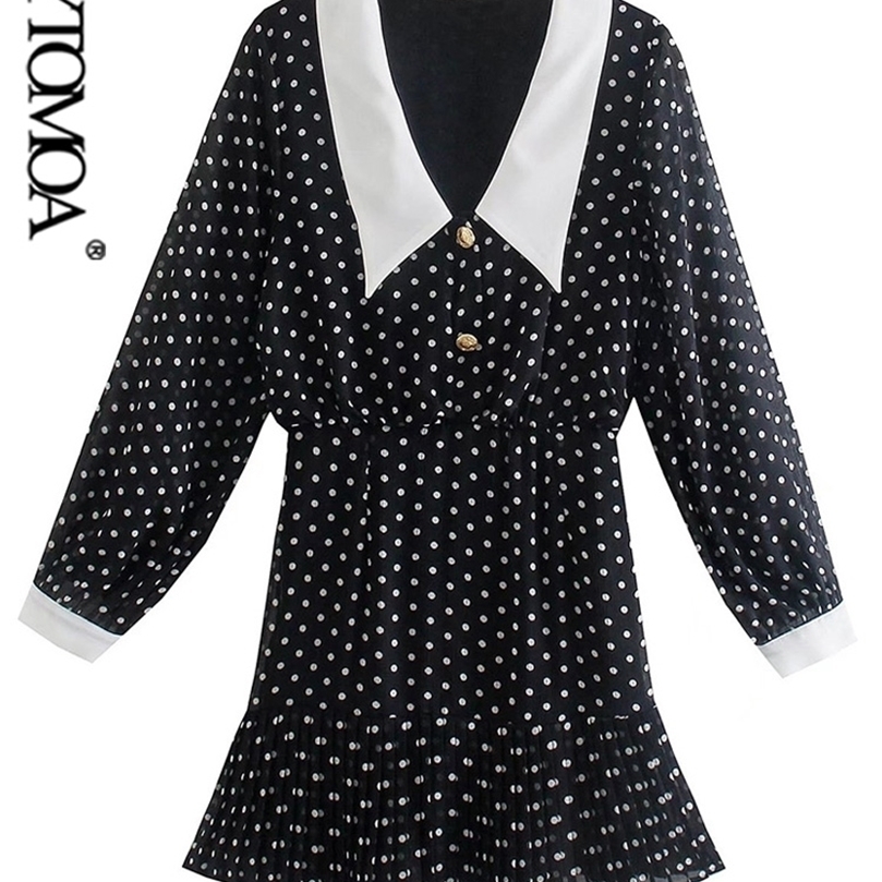 

KPYTOMOA Women Fashion Polka Dot Print Pleated Semi-sheer Mini Dress Vintage Long Sleeve Side Zipper Female Dresses Mujer 220402, As picture
