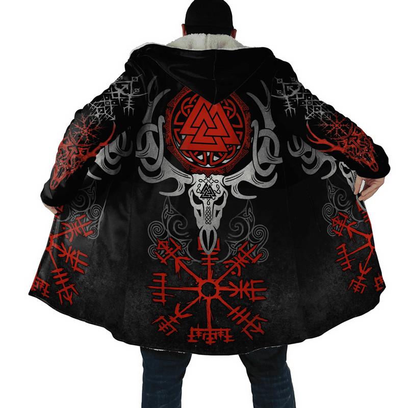 

Men' Trench Coats Winter Men' Cape Viking Odin Tattoo 3D Printing Thick Fleece Hooded Jacket Unisex Casual Warm JacketMen, Hooded cloak