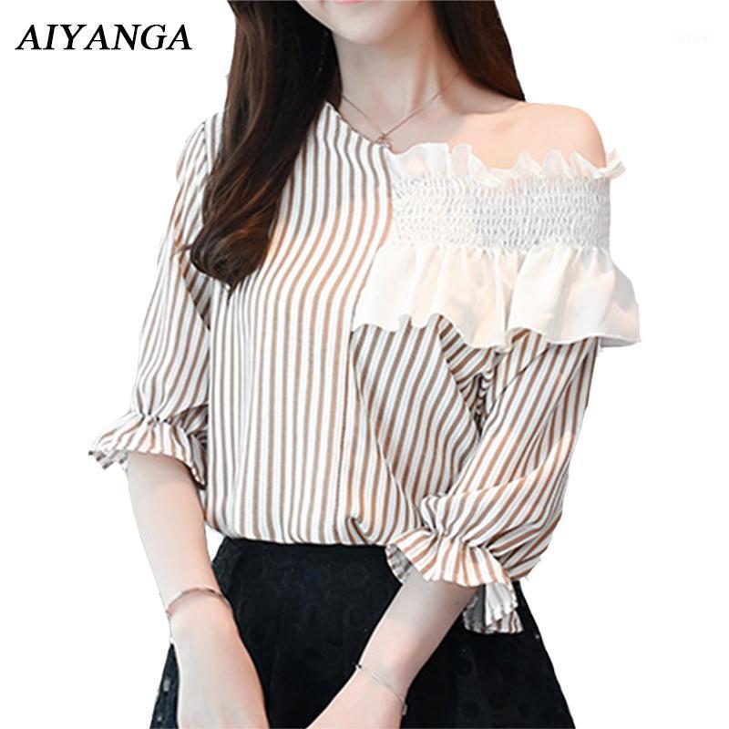

Women's Blouses & Shirts 2022 Summer Women Striped Skew Collar Chiffon Female Slim Office Lady Fashion Patchwork Blouse Tops Loose, Khaki