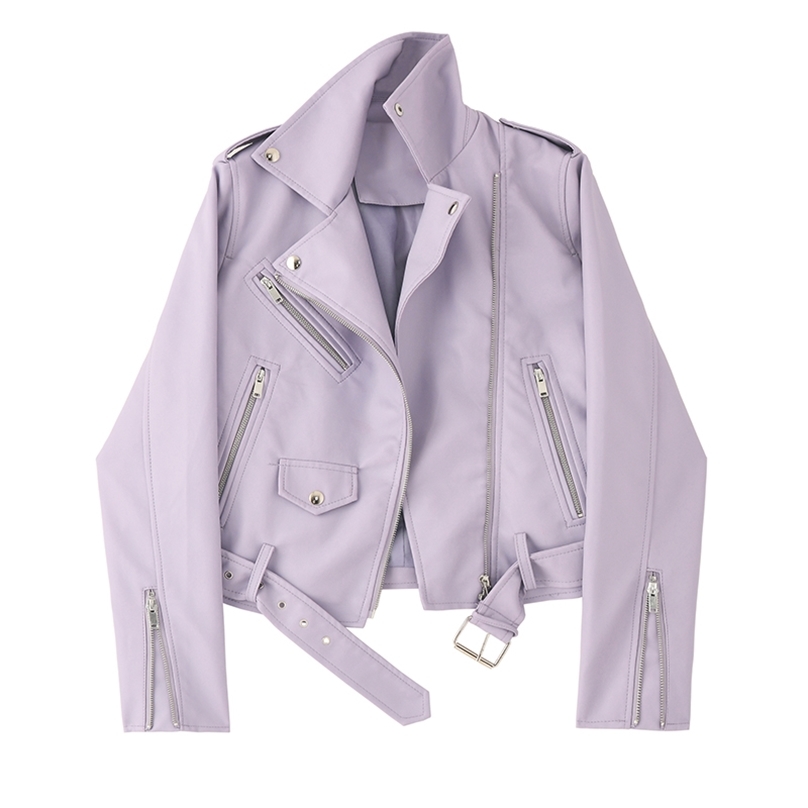

Ailegogo Spring Autumn Faux Soft Leather Jacket Women Pu Coat Lapel Zipper Motorcycle Female Locomotive Outwear with Belt 220813, Lavender