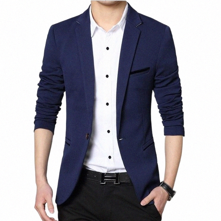 

men's Suits & Blazers Mens Korean Slim Fit Fashion Cotton Blazer Suit Jacket Black Blue Beige Plus Size M To 5XL Male Coat Wedding Dress y6tH#