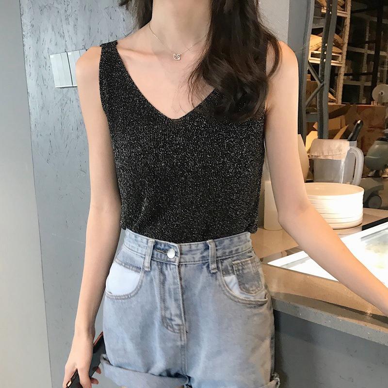 

Women's Tanks & Camis Shiny Green Tops For Women V Neck Sexy Knitting Streetwear Party Club INS Tank Top Caim Korean Style Sleeveless Tshirt, Beige