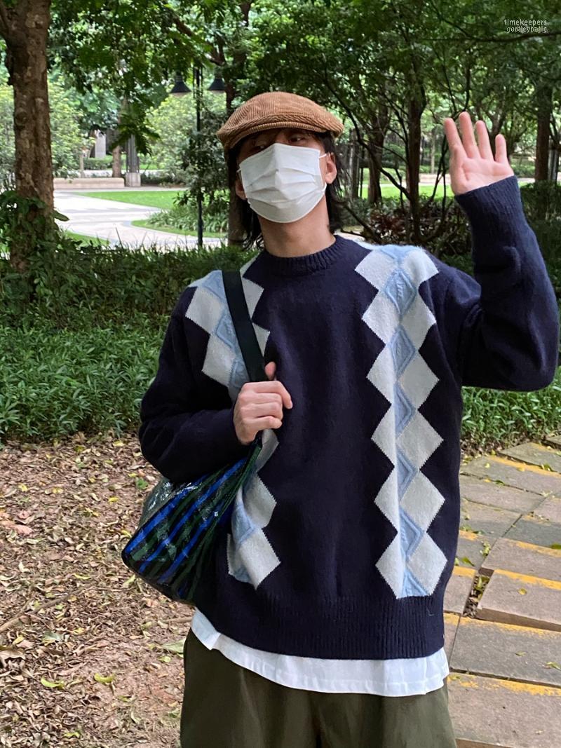 

Men' Sweaters Japanese Miscellaneous Rhombus Sweater Literature And Art Retro Vintage Loose Round Neck Pullover Time22, Navy blue