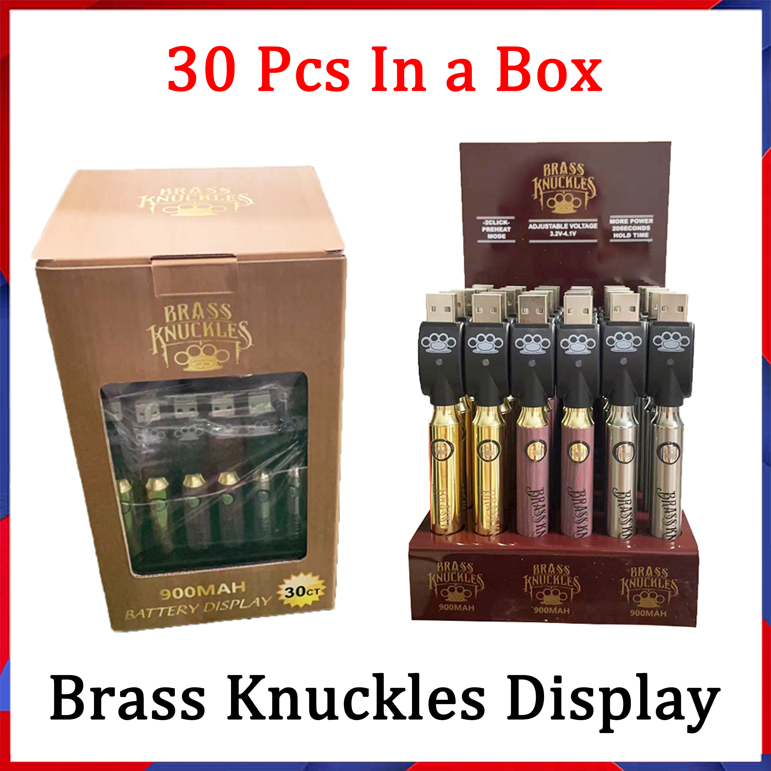 

Newest Brass Knuckles Battery Display 900mAh Vape Voltage Adjustable With Chargers Preheat Function 3 Colors 30pcs ct Per Display Fast Send