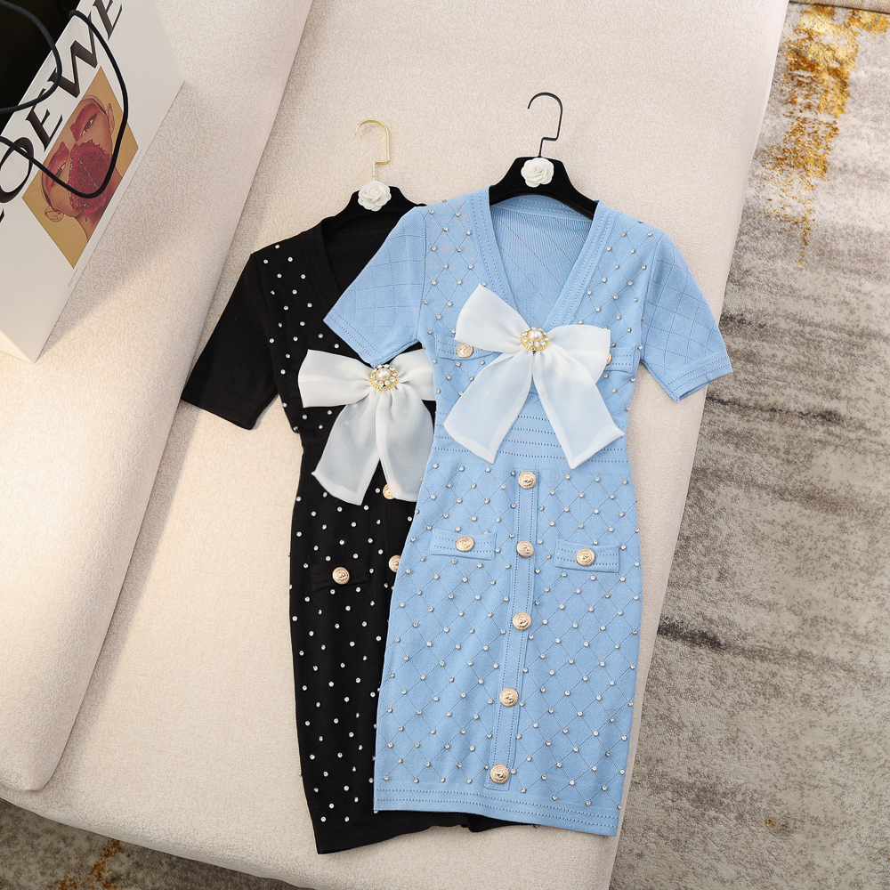 

Summer Bow Elastic Knitted Pencil Dress For Women's Office Designer Beading Bottoming Simple Slim mini sexy Bodycon Dresses Vestidos, Black