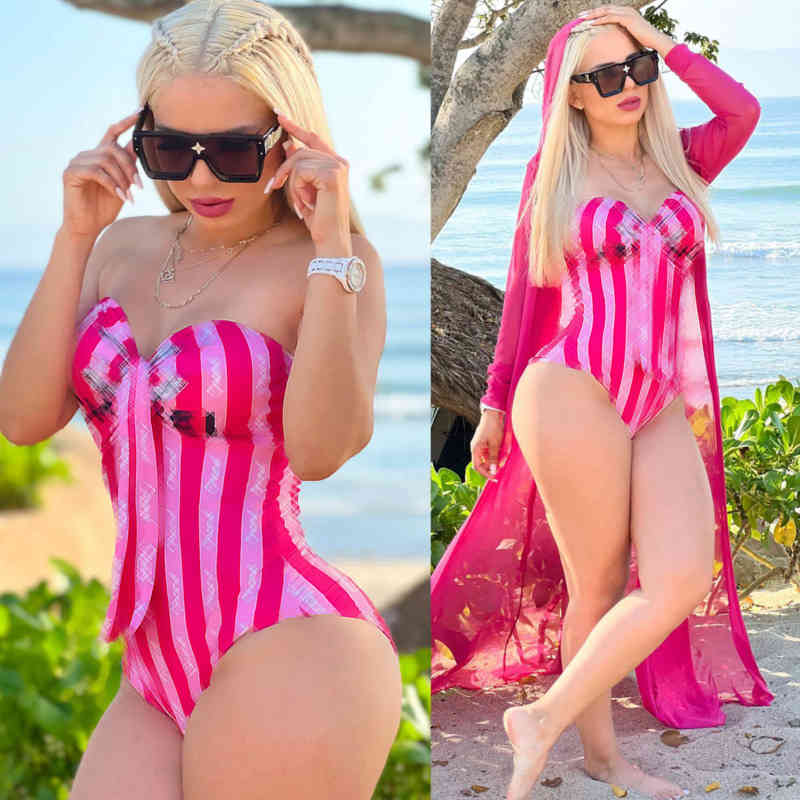 

J2661 Women' Swimwear Summer Sexy Pink Print Sleeveless One Piece Bikini Swimsuit, J2661 red