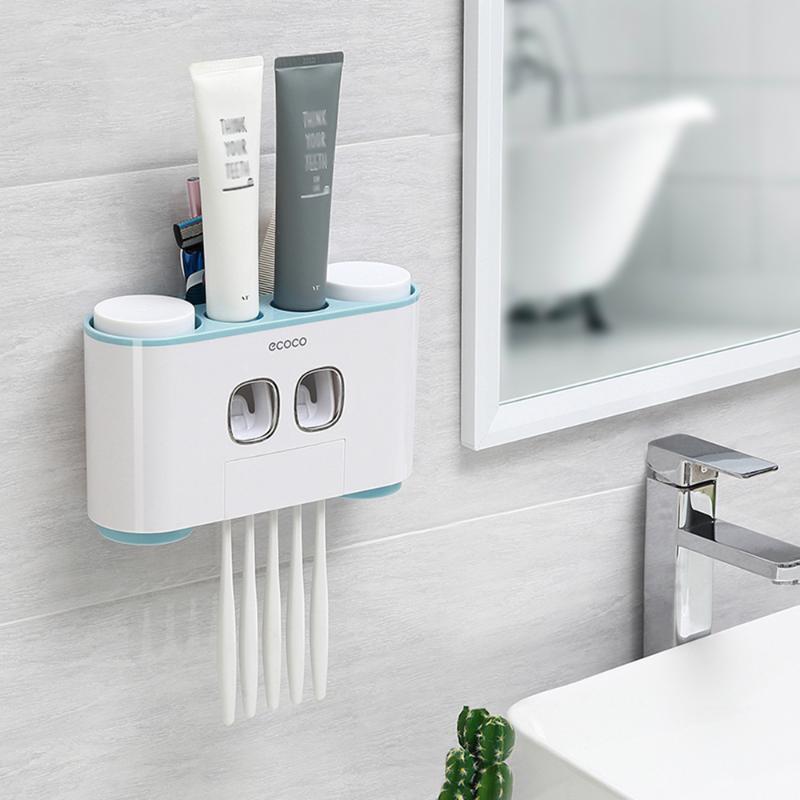 

Bath Accessory Set ECOCO Wall-mount Toothbrush Holder Auto Squeezing Toothpaste Dispenser Cup Storage Bathroom Accessories