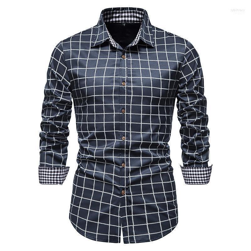 

Men's Dress Shirts Men Plaid Shirt Business Casual Fashion Streetwear Long Sleeve Button-up Slim Fit Solid Color Sybi22, White