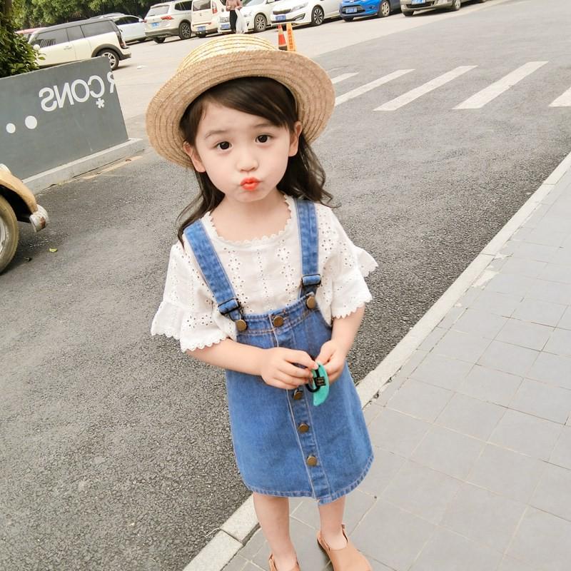 

Clothing Sets 3-7 Year Children's Suits Summer Girls Baby Fashion Hollow Tops + Denim Strap Dress Princess Two-piece, Blue