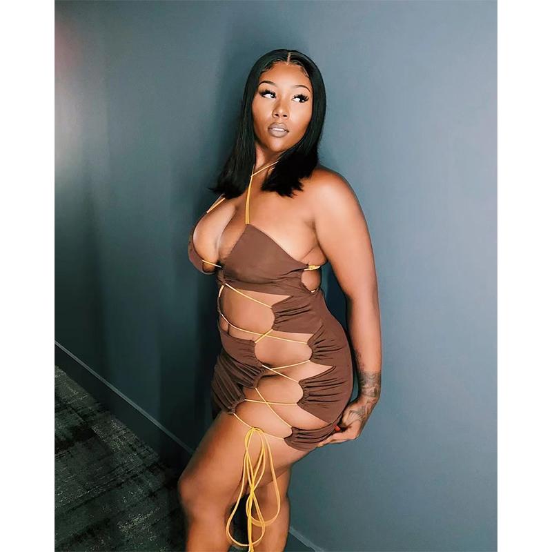 

Casual Dresses Sleeveless Halter Hollow Out Bandage Backless Lace Up Mini Dress Summer Women Sexy Party Club Clothing Cutout Bodycon Streetw, Black