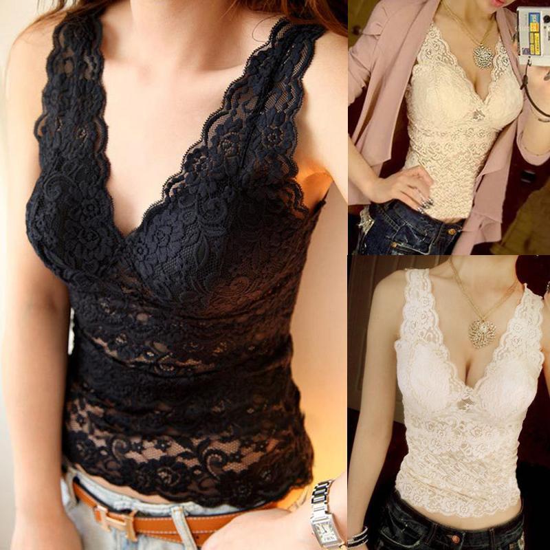 

Women's Blouses & Shirts 2022 Sexy Tank Tops Lace Flower Pattern Deep V Collar Vest Hollow For Female Strappy Bralet Crop Top, Black