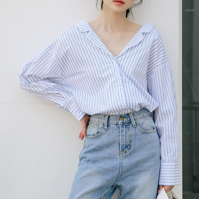 

Chic Backless Striped Blouse Women V Neck Batwing Long Sleeve Loose Shirt Lady Bow Tie Stylish Ladies Tops 2022 Blusa Feminina Women's Blous, Blue