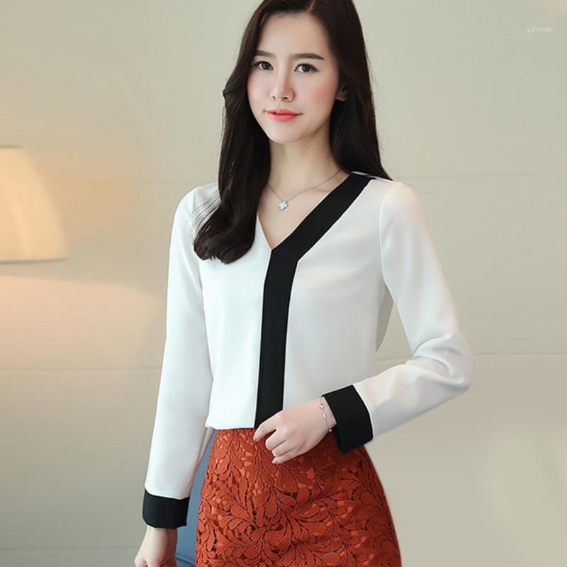 

Solid Chiffon Blouse Patchwork V-neck Loose Office Lady Shirt Casual Long Sleeves Ladies Tops Fashion Woman Blouses 2022 Women's & Shirts, White