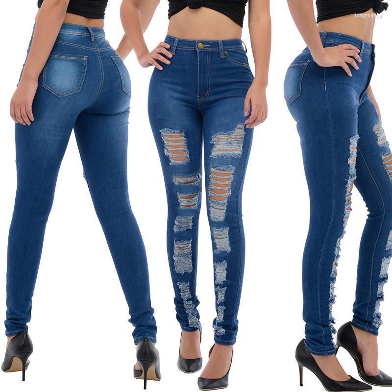 

Women' Jeans 2022 Autumn Women Pants Ripped Hollow Out High Wasit Skinny Pencil Long For Outfit, Deep blue