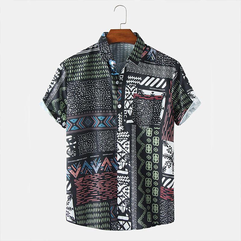 

Men's Casual Shirts Ethnic Print Hawaiian Shirt Street Wear Lapel Button Short Sleeve For Men Fashion Retro 2022 Summer, White;black