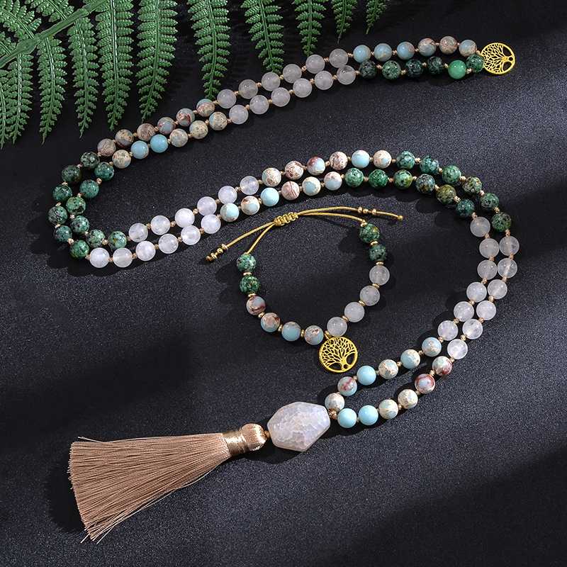 

Pendant Necklaces 8mm White Jade African Turquoise Emperor Jasper Beads Knotted Japamala Necklace Meditation Yoga Jewelry Set 108 Mala Rosar