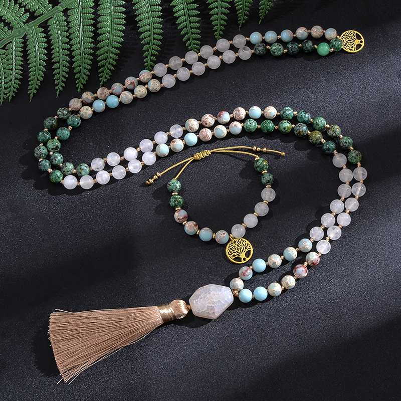 

Pendant Necklaces 8mm White Jade African Turquoise Emperor Jasper Beads Knotted Japamala Necklace Meditation Yoga Jewelry Set 108 Mala Rosar