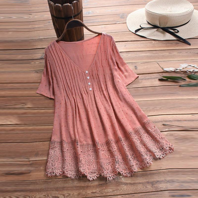 

Women' Blouses & Shirts Women Solid Blouse Casual V Neck Lace Embroidery Hollow Short Sleeve Loose Top Blusas Y Camisas Ropa Mujer Verano 2, Pink