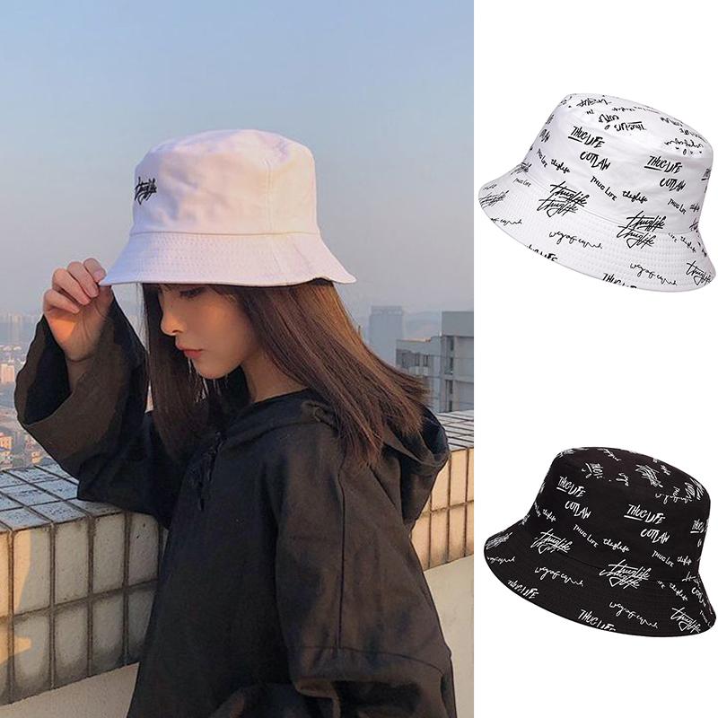 

Berets Fashion Double Side Bucket Hat Women Men English Letters Pattern Cotton Fisherman All Seasons Black White Sun Protection CapBerets, Double sided white